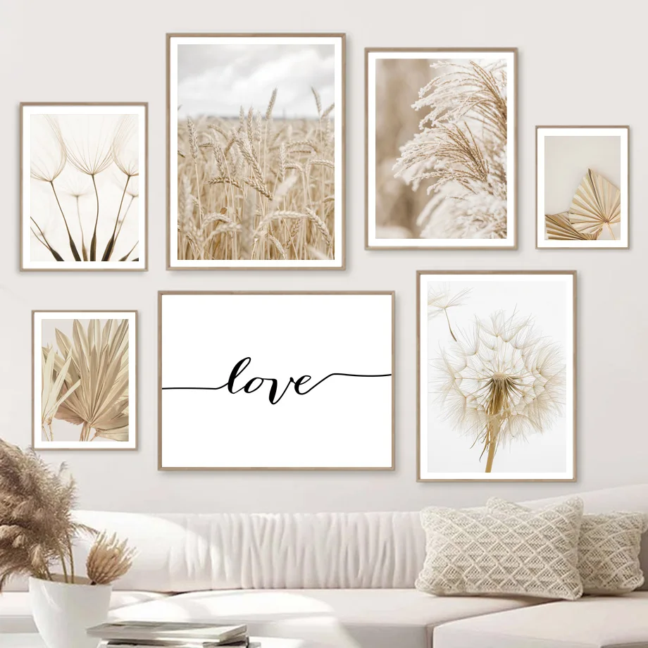 

Nordic Poster Nature Dandelion Wheat Reed Banana Leaf Love Wall Art Print Canvas Painting Wall Pictures For Living Room Decor