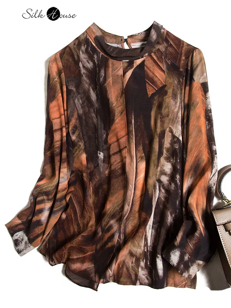 

Mulberry Silk Silk Patchwork Georgette Long Sleeve Round Neck Long Sleeve Shirt Women 2021 Fashion Autumn Office New Style