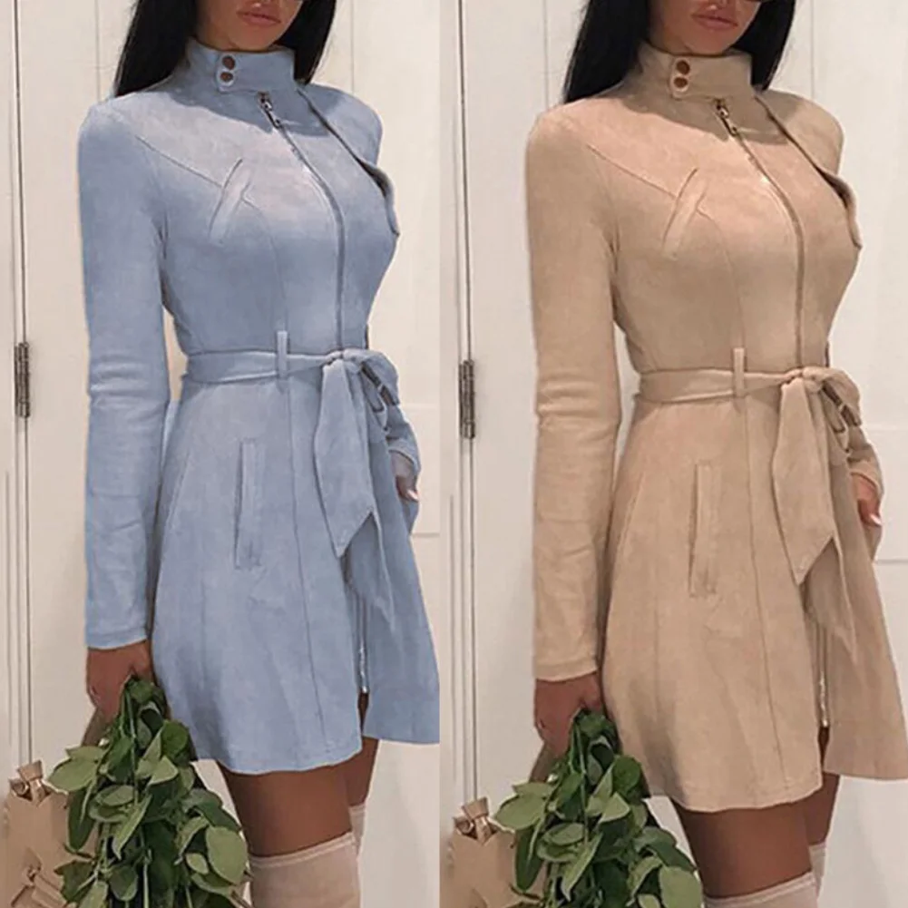 Шикарное женское осеннее платье с длинным рукавом и воротником-стойкой