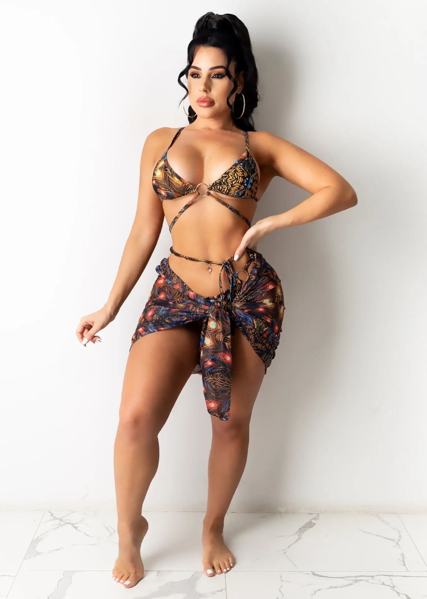 Fashion Trend Digital High-definition Print Bohemian Fashion Sexy Women's Dress Beach Pool Party Swimsuit 3 Pieces Sets 5184