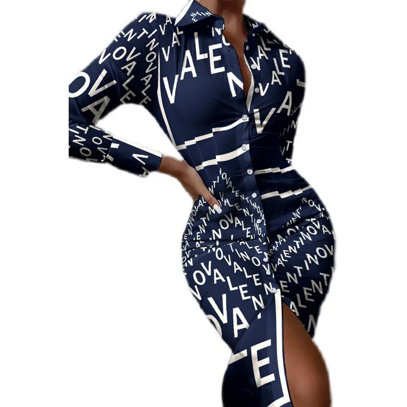 Women's shirt dress long sleeve sexy waist waist printed cardigan shirt