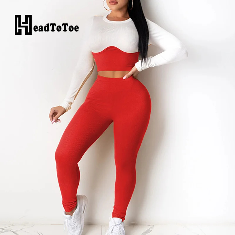 

Colorblock Slim Long Sleeve Crop Tops and High Waist Skinny Pants Set Ribbed Women Two Pieces Set Casual Sporty Tracksuits