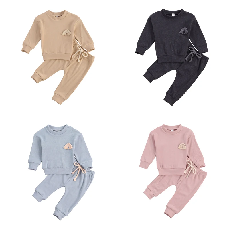 

Baby Boy Clothing Suits Autumn Casual Baby Girls Clothes Sets Kids Rainbow Embroidery Sweatshirts+Sports Pants Ribbed Tracksuits