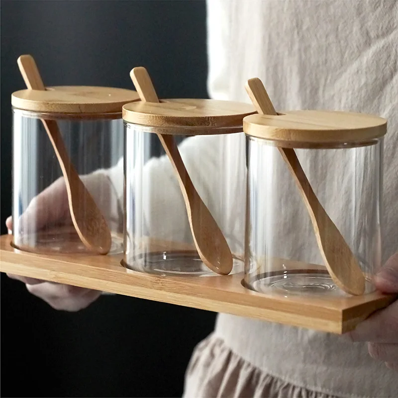 

Gaopeng Silicon Glass Bamboo Wood Cover with Spoon Three-piece Seasoning Jar Kitchen Storage Storage Tank Seasoning Box