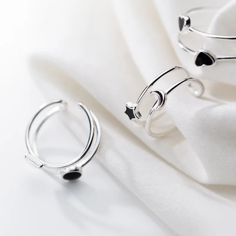 Trustdavis 100% 925 Sterling Silver double layer Black Glaze Heart Star Round Open Finger Ring For Women Jewelry DT01 | Украшения и