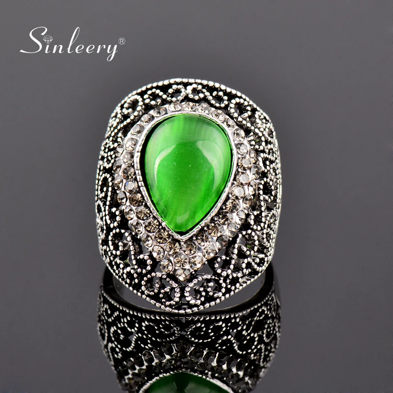 

SINLEERY Female Water Drop Shaped Green Opal Big Rings Antique Silver Color Vintage Jewelry For Wedding Party Jz152 SSC