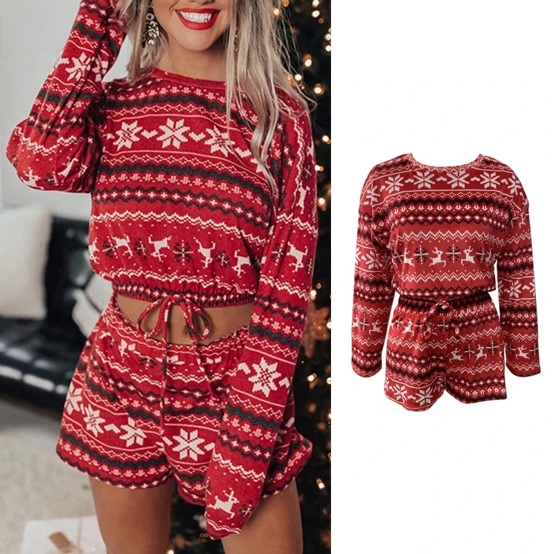 

Women Christmas Snowflake Pajamas Set Long Sleeve Drawstring Hem Crop Top Shorts MXMA