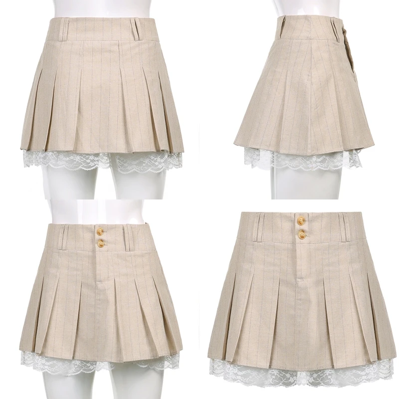 

Women School Girl Vintage Khaki Mini Pleated Skirt Harajuku Preppy Style Striped Buttons Zipper Double Layer Lace Trim L5YB
