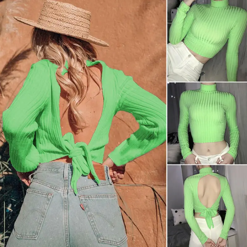 2020 Womens High Collar Cropped Tops Ladies Slim Fit T Shirt Long Sleeve T-Shirts Sexy Backless Turtleneck Tees Women | Женская одежда