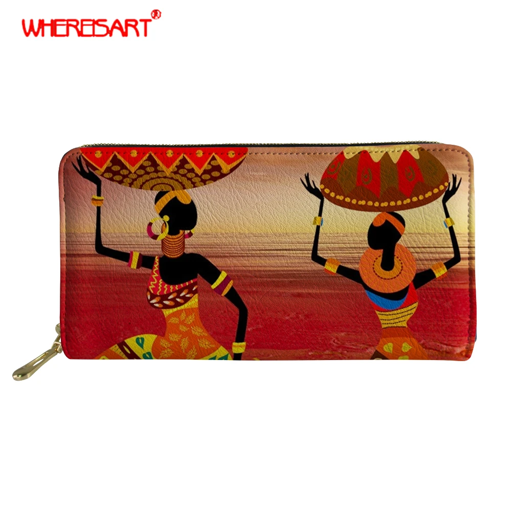 

WHEREISART Wallet Women Female Purse African Tribal PU Leather Long Wallet Coin Purse Card Holder Money Zipper Multifunction