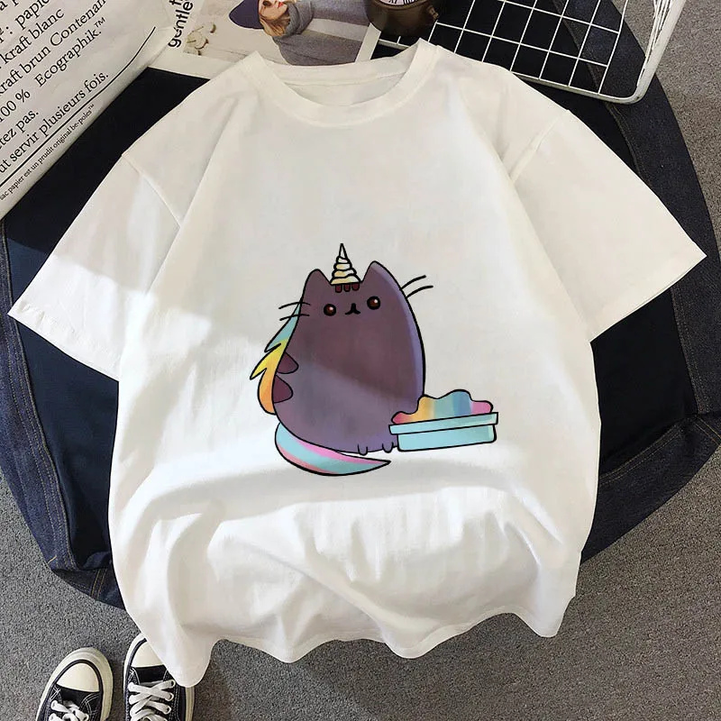 Kawaii, футболка с толстым котом, женская, новинка, летняя, милая, модная, короткий рукав, футболка, белая, тонкая, с секциями, хипстер, футболка, Топы, одежда