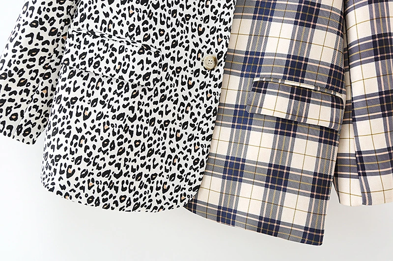 

Elegant Women Gray Plaid Leopard Patchwork Jacket 2020 Fashion Ladies Notched Collar Blazers Streetwear Female Chic Pocket Coats