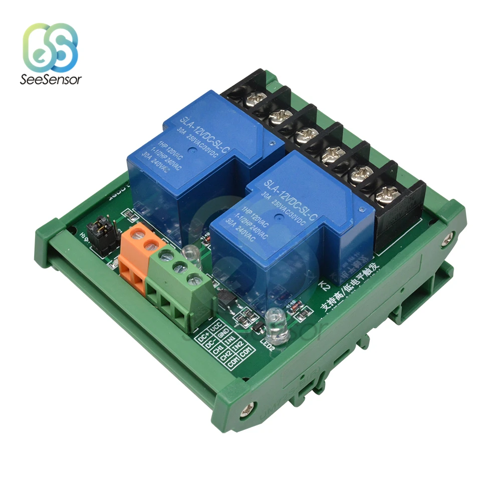 

Two 2 Channel Relay Module 30A with Optocoupler Isolation High Low Trigger for Smart Home PLC with Guide Rail 5V 12V 24V