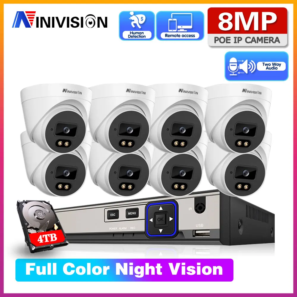 NINISION 8CH 4K AI Camera CCTV Security Camera System Face Detection Two-way Audio Human Detection P2P Video Surveillance Set