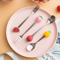 creative stainless steel fruit fork colorful fruit pattern mixing spoon two sizes tea coffee ice cream tools kitchen bar access