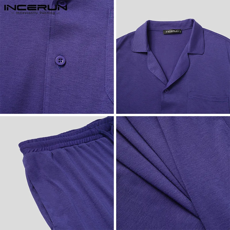 

INCERUN Men Pajamas Sets Solid Color Long Sleeve Lapel Shirts Drawstring Pants Homewear Man Comfy Pockets Nightgown Suits S-5XL
