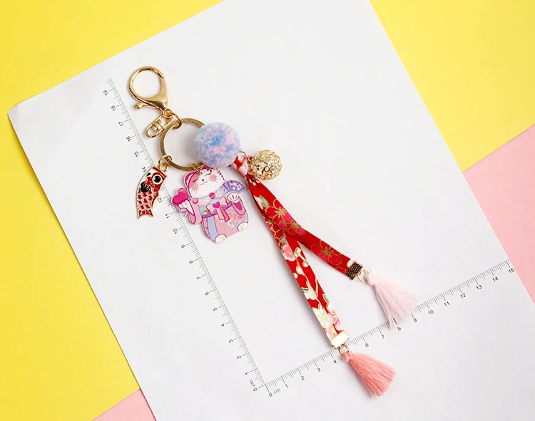 Tranditioal кимоно Maneki Neko Lucky Cat Fat Fortune Cat Брелок меховой шарик брелок для автомобиля сумка Подвеска для женщин D366