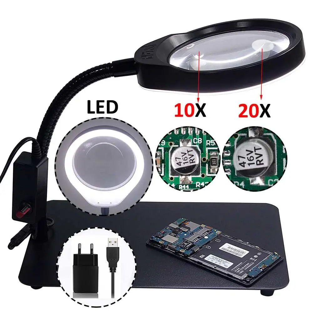 

PD-032C 10/20X Magnifier Lamp Magnifying Glass with 48 Led Lights Metal Base USB Interface Soldering Repair