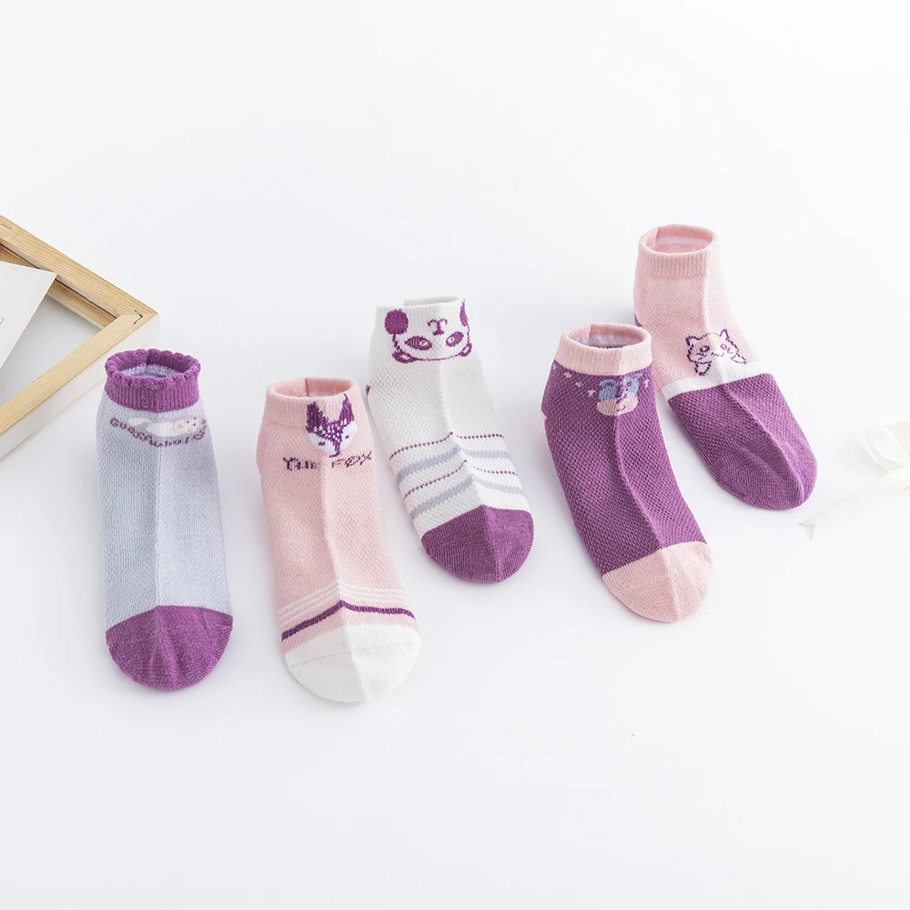 Calcetines finos de algod&oacute;n con estampado de animales para ni&ntilde;os y ni&ntilde;as, medias bonitas de malla, para verano y primavera, 5 par/lote-1