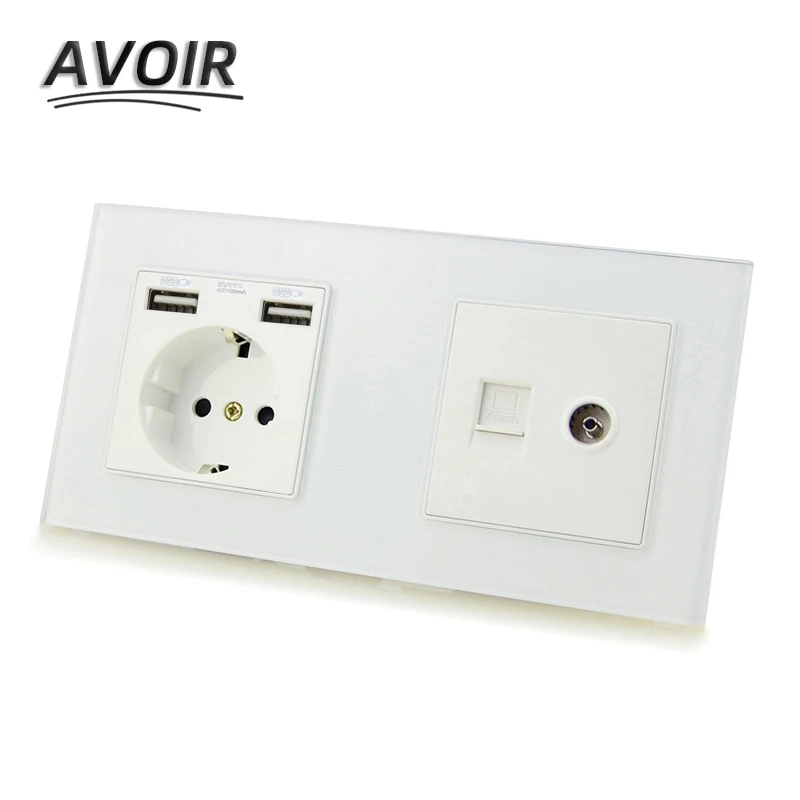 Avoir DE EU настенная розетка двойной USB RJ45 ТВ порт двойная электрическая стеклянная
