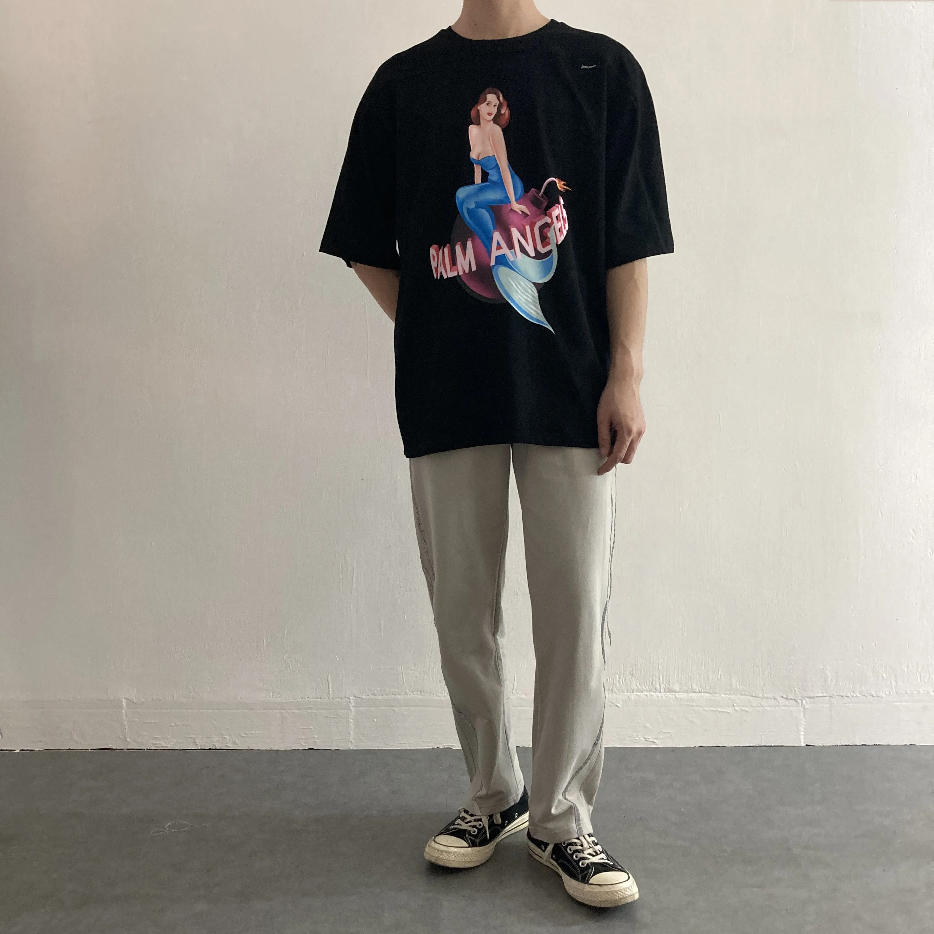 

Palm Angels Angel Los Angeles skateboard European American short-sleeved retro mermaid mid-sleeve oversized T-shirt 4574840