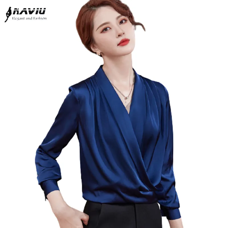 

Navy Blue V Neck Design Shirt High End 2021 New Autumn Long Sleeve Pullover White Formal Loose Blouses Office Ladies Work Tops