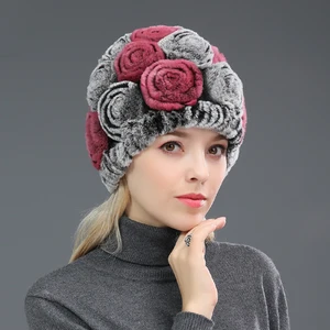 Women Real Rex Rabbit Fur Beanies Cap Winter Warm Hats Rose Design Handmade Fluffy Soft