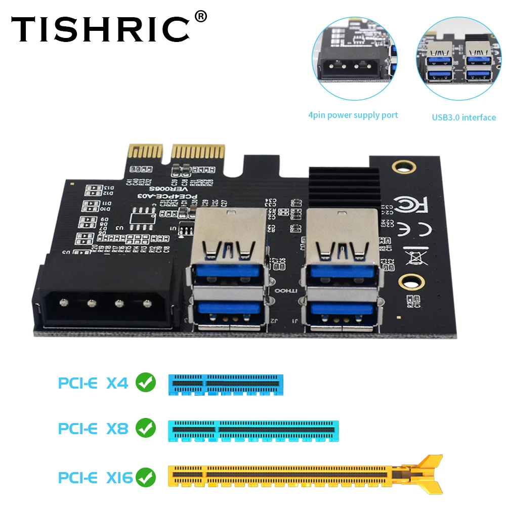 Райзер TISHRIC PCI Express с усилением PCI-E от 1 до 4 PCIE USB 3 0 концентратор 1x 16x для адаптера