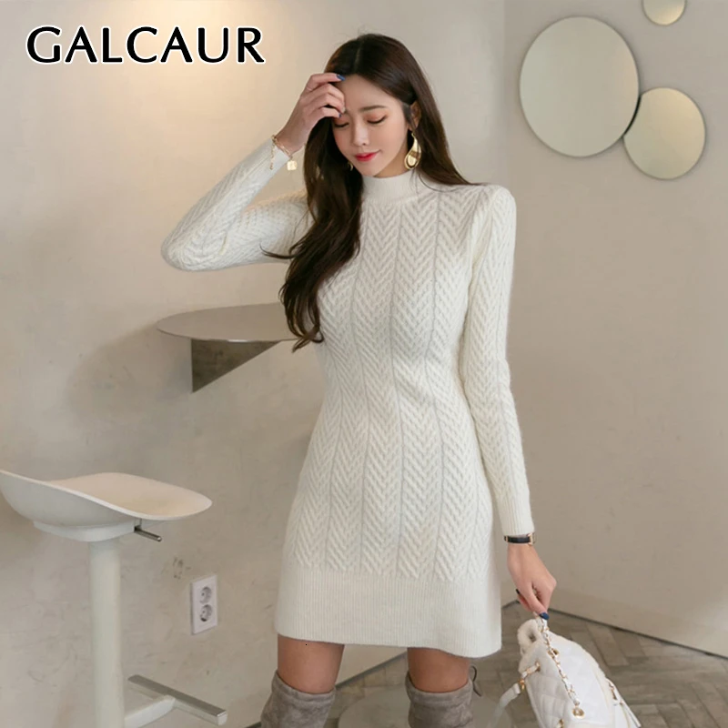 GALCAUR минималистичные белые корейские платья женские длинные рукава водолазка