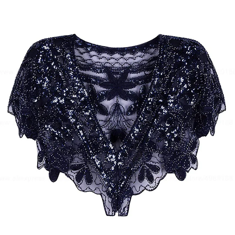 Navy Blue Shawl Винтажная черная сетка 1920s& блестки Хлопушка капель розовый/бежевый/Абрикосовый/розовый - Цвет: Navy Blue Shawl