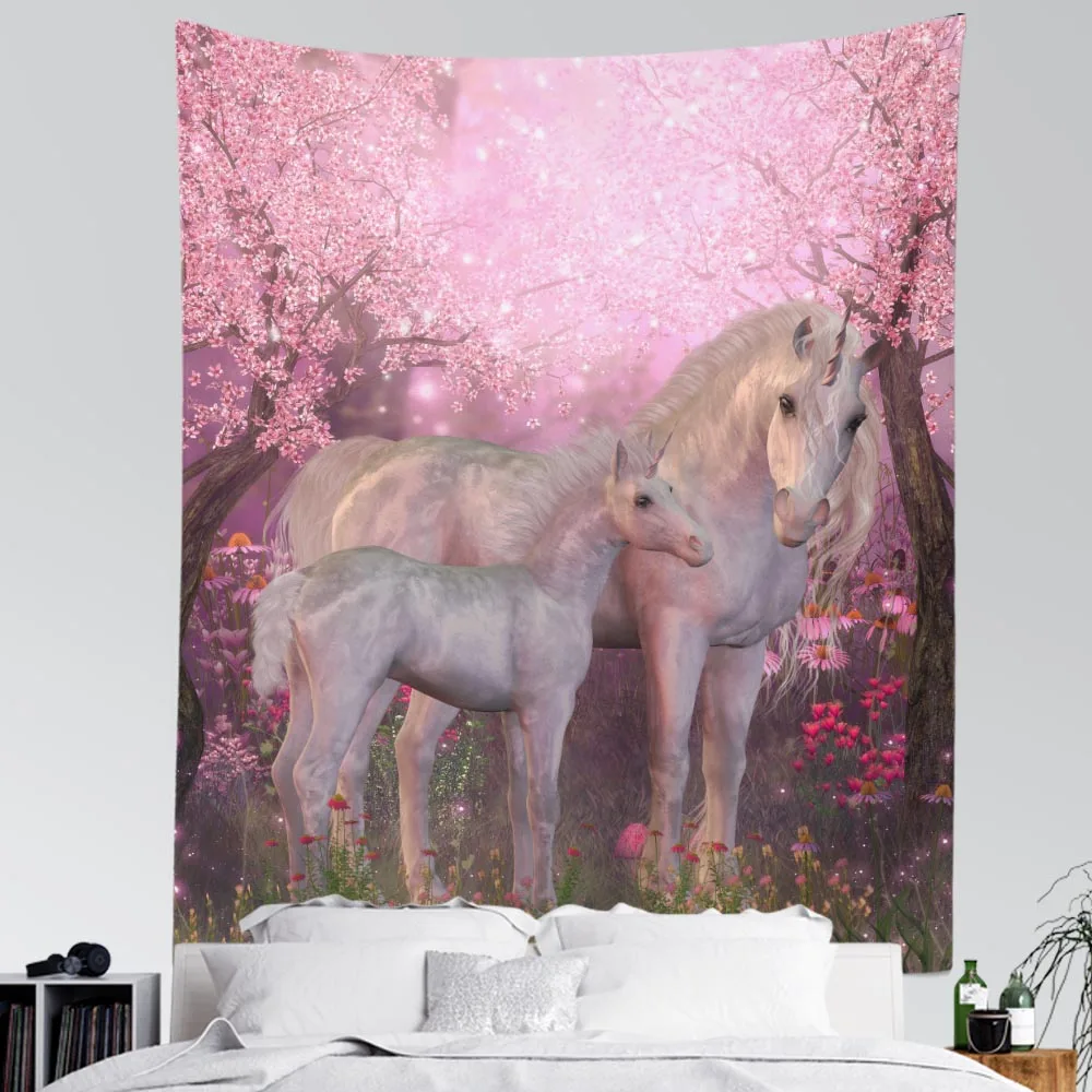 "Настенная гобеленовая ткань с изображением лошадей и цветущей вишни для украшения комнаты, спальни и занавески"
