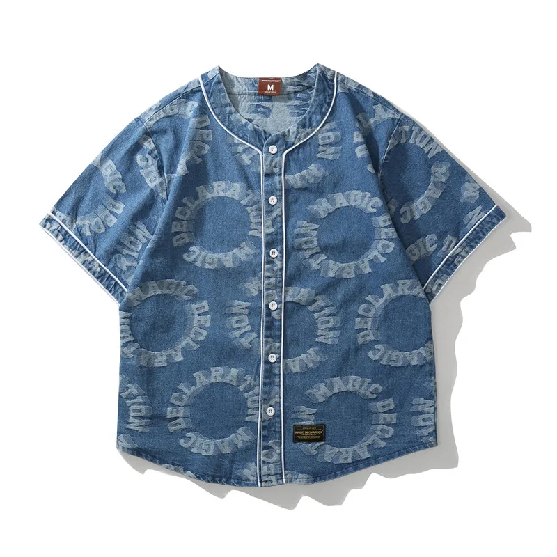 

MORUANCLE Men's Fashion Hi Street Printed Shirts Streetwear Summer Short Sleeve Denim Shirt Tops Button Down Letter Painted
