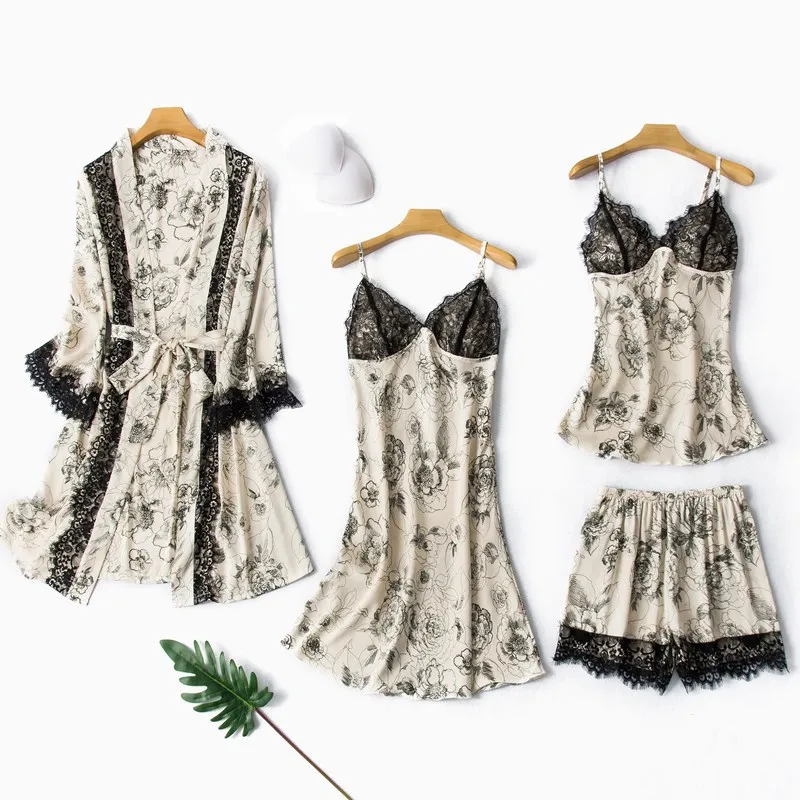 

4PCS Sleepwear Pajamas Set Women Sexy Robe Set Kimono Bathrobe Gown Spring Summer Thin Home Clothes Print Flower Nightwear