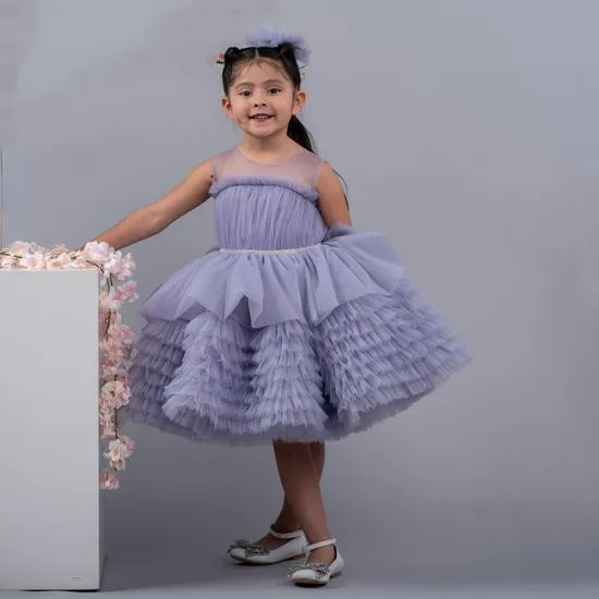 

Custom Infant Girls Dresses sheer neck puffy layered tulle Baby Girl's Birthday Dress Kids Ceremony Gown Flower Girl Dress