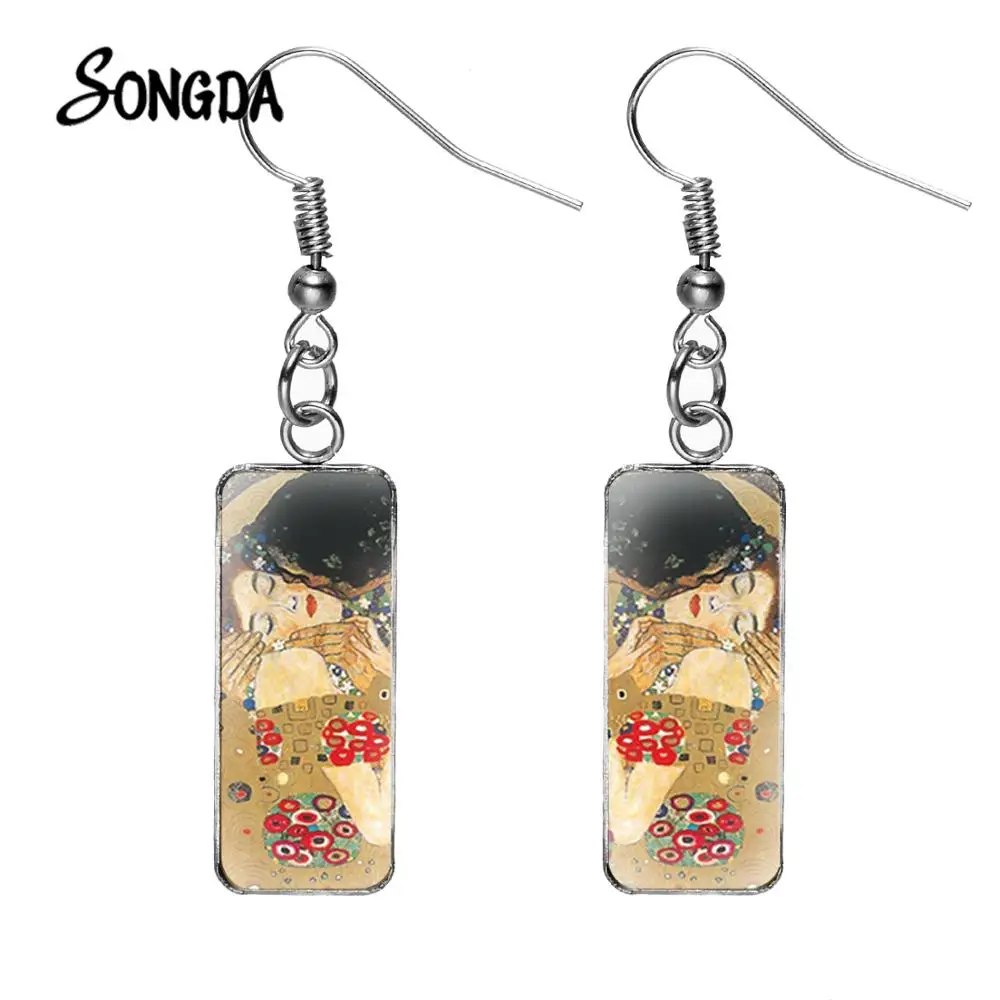 Серьги подвески поцелуй Густава Климта серебряного цвета ручная работа