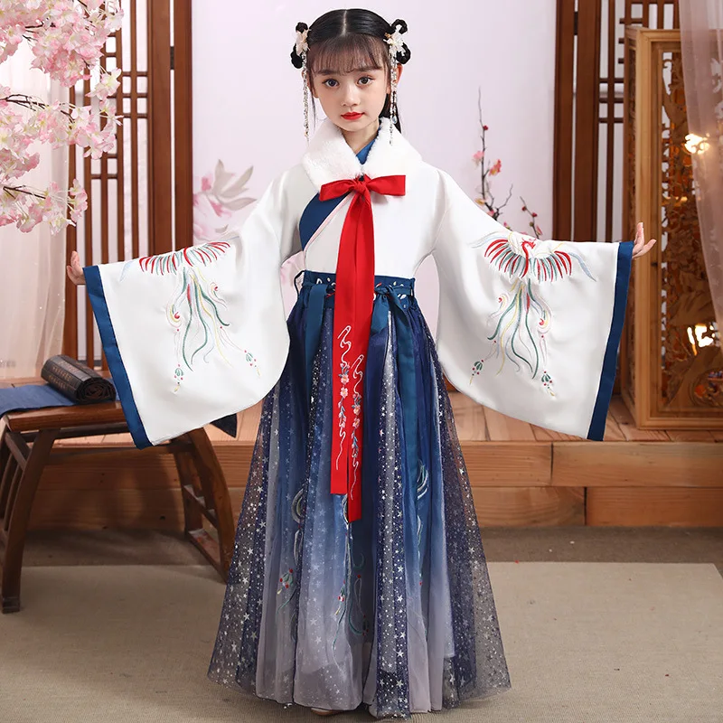 

Suit Folk Dress Han Dynasty Detachable Fur collar Hanfu Dress Cross Collar Red Bows traditiona Chinese clothing for girl