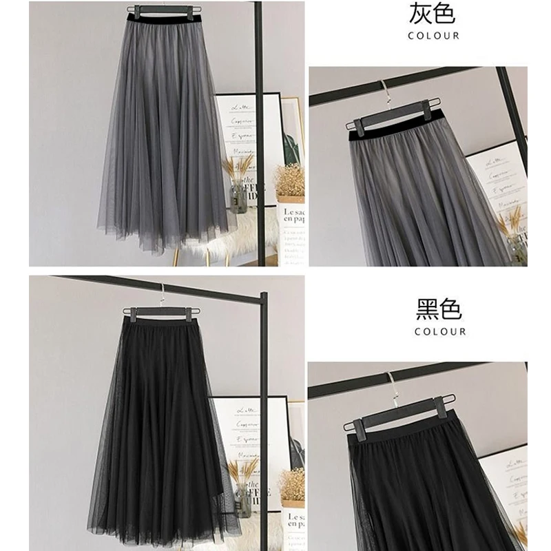 

Women Elegant Tulle Skirts 2020 Spring Female New Preppy Style Casual Fashion High Waist Mesh Elastic Solid Midi Pleated Skirts