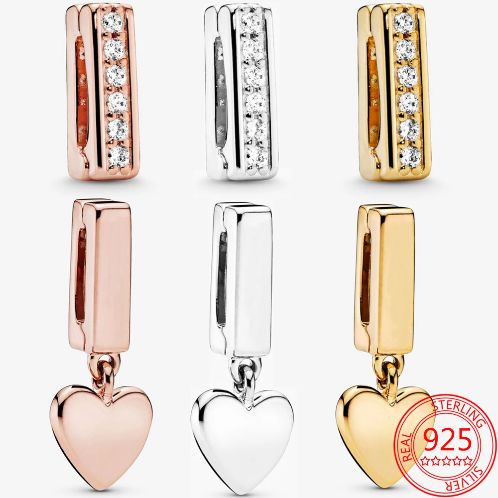 

New Arrivals 925 Sterling Silver Rose Gold Fixing Clip Charms Fit Brand Bracelets DIY Sparkling Clip Pendants