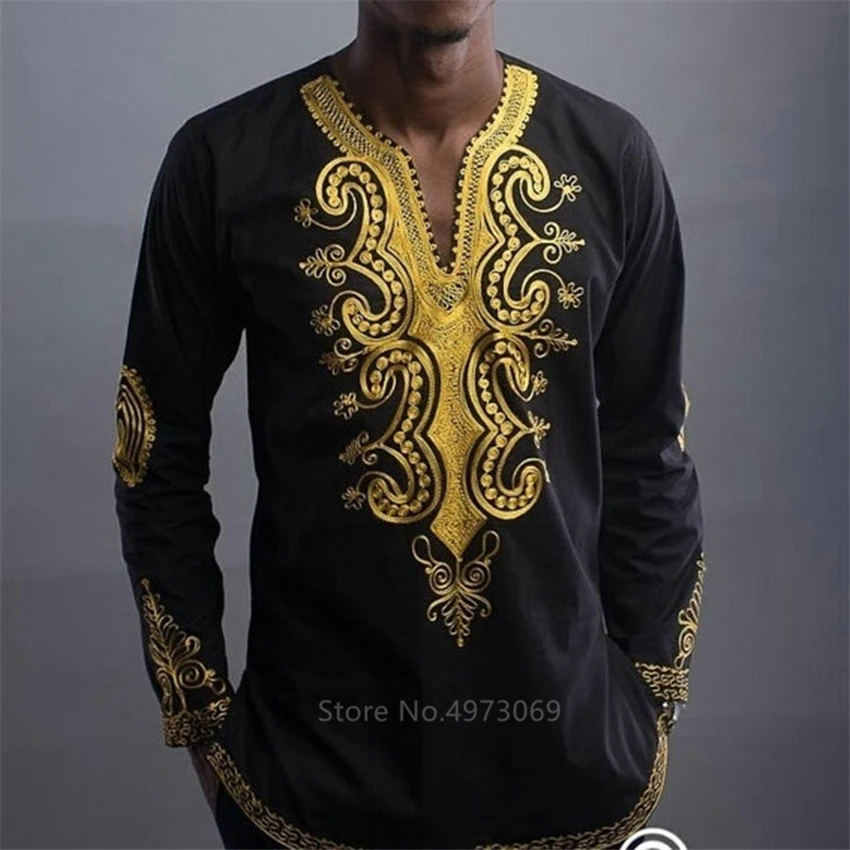

New African Clothing Men Golden Print Long Sleeve T-shirt Traditional Dashiki Style Fashion Black V-neck Tops Bazin Riche Shirt