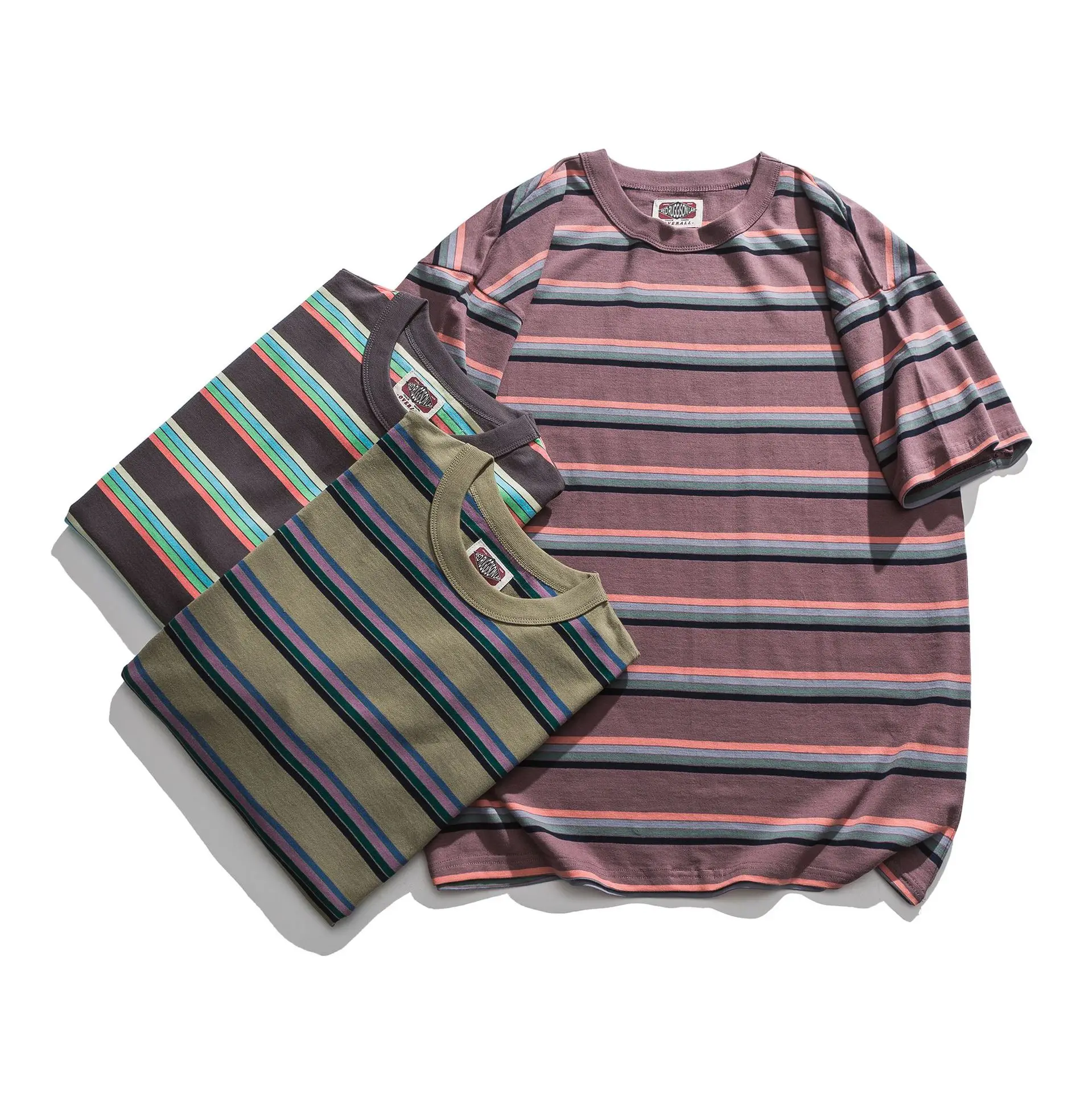 

2104 Pinstripe T-Shirt Men Japan Style Classic Retro Simple Casual Student O-Neck Oversize Loose Drop Shoulder Short Sleeve Tees