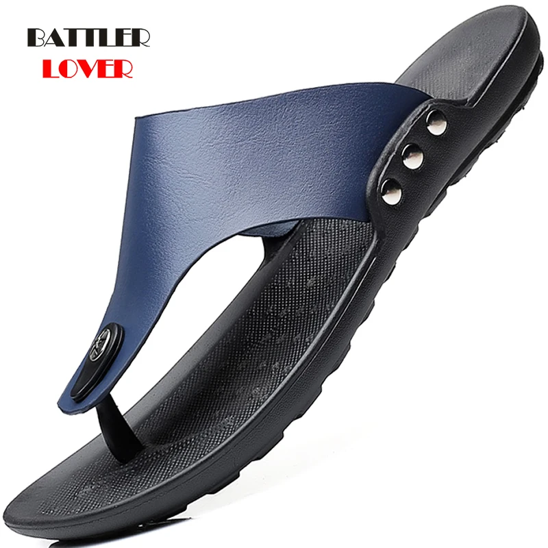 

Men Genuine Cow Leather Flip Flops Couple Outdoor Non-slip Sandals for Home Fashion Casual Flat Shoes Soft Summer Big Size 38-46