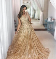 sexy v neck a lime gold color 2021 sequined prom dresses sweep train form evening party gowns plus size