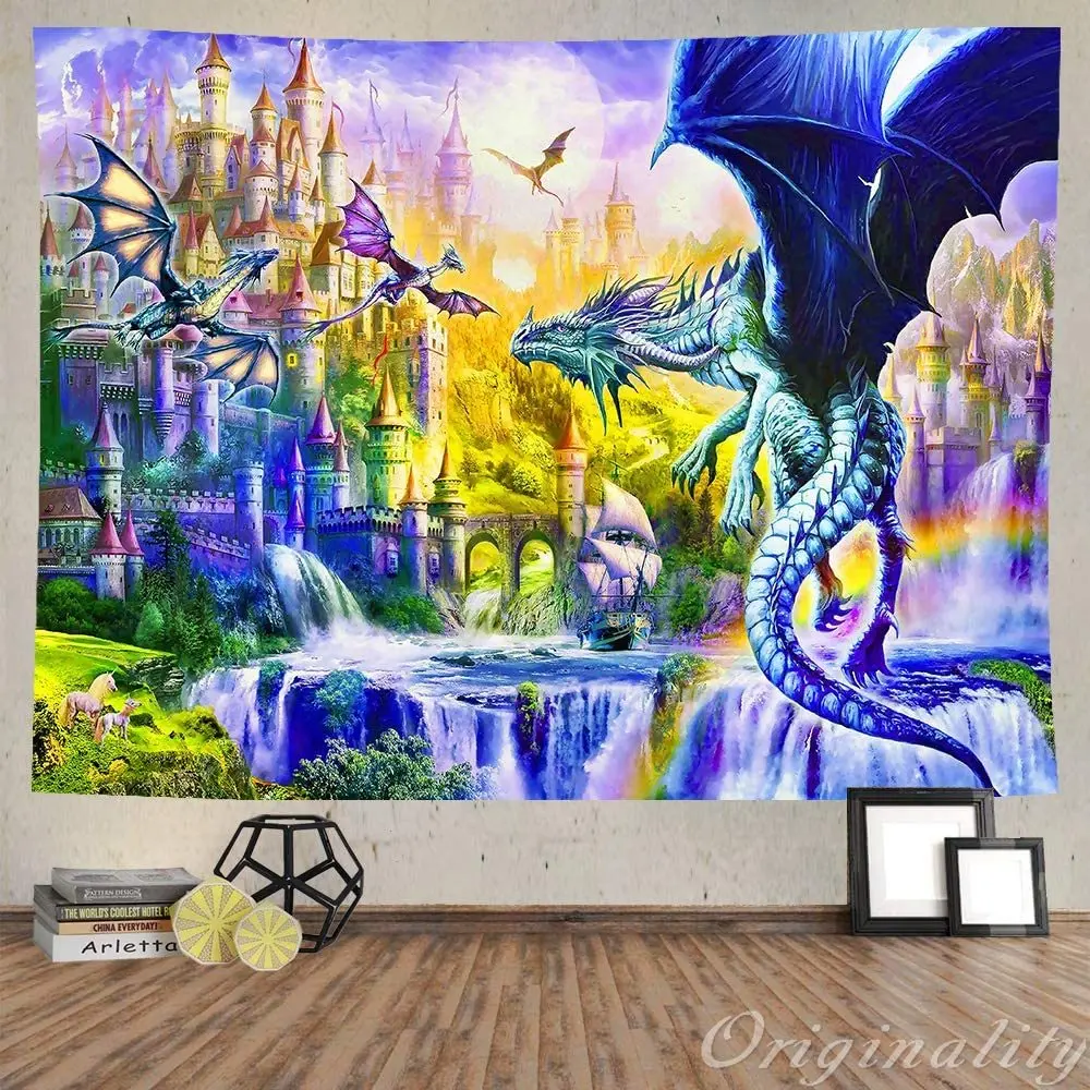 Дракон водопад замок средневековая фантазия существо красочный психоделический