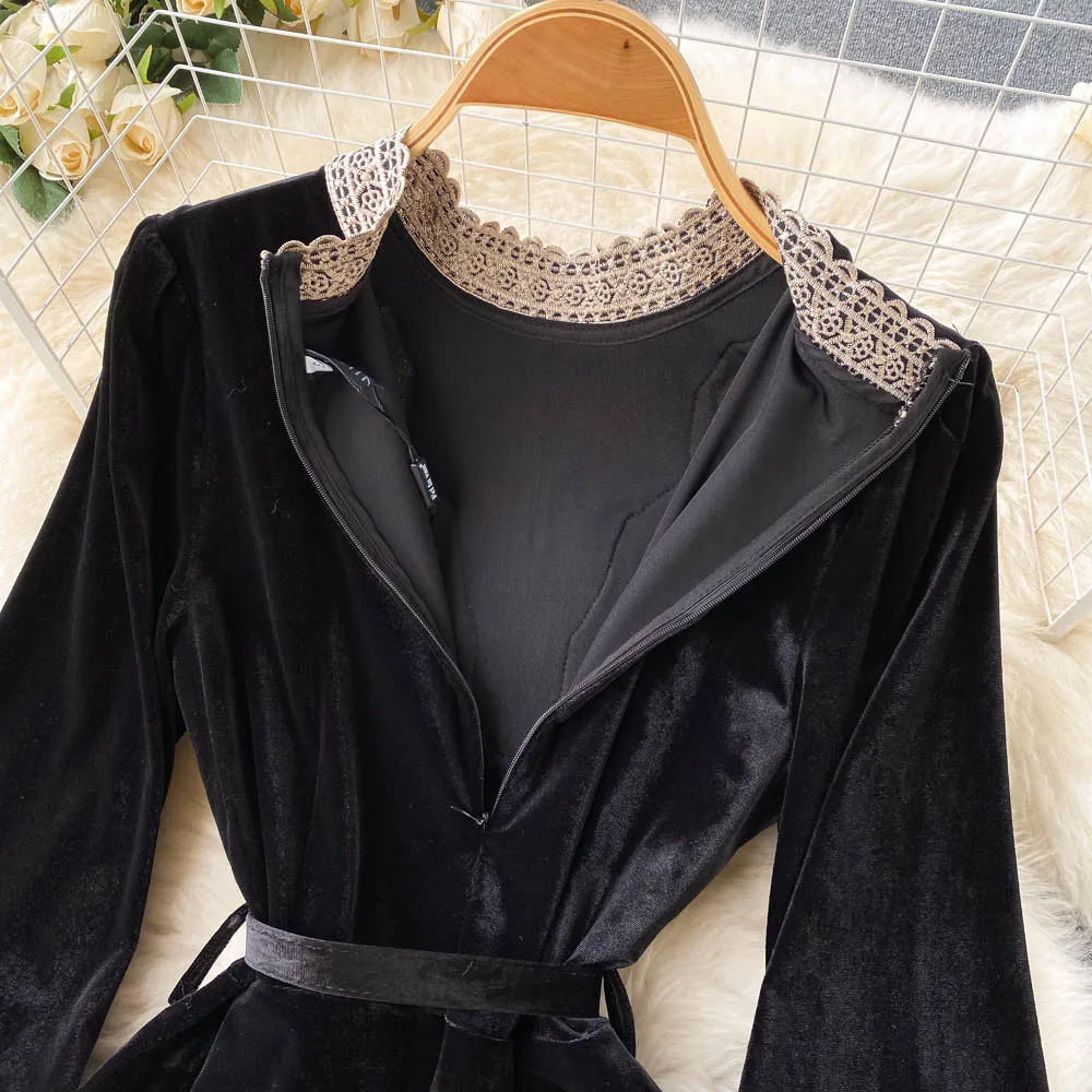 Женское новое модное осенне-зимнее вечернее черное платье А-силуэта с длинными рукавами и круглым вырезом, обтянутое бархатом.