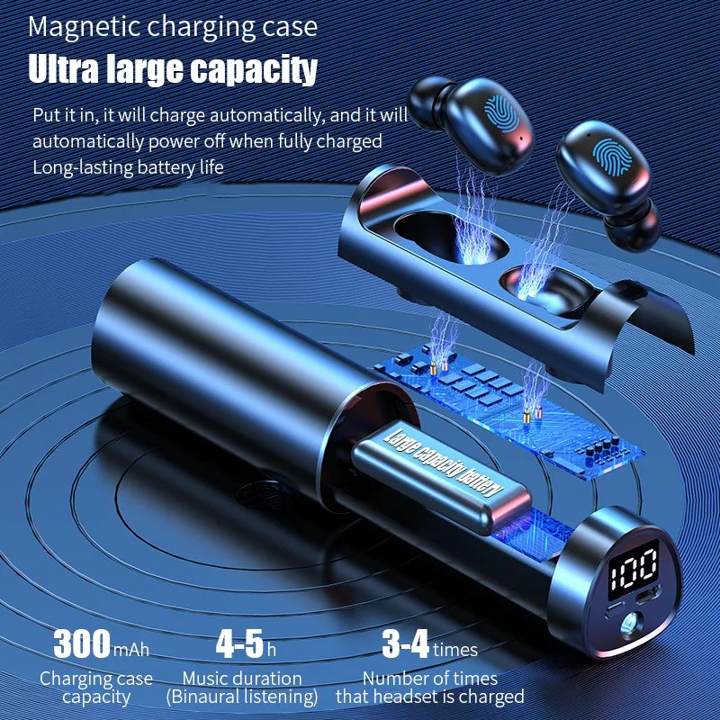 

N21 Pull-Out Digital Display Fingerprint Touch Bluetooth Earphones 9D Hifi Stereo Headset With Flashlight&Magnetic Charging Case