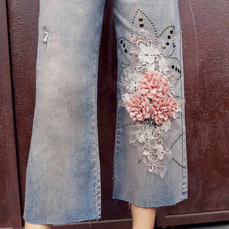 

Womens Summer New Thin Vintage Ripped Appliques Loose Straight Jeans High Waist Ankle Length Fashion Casual Denim Wide Leg Pants