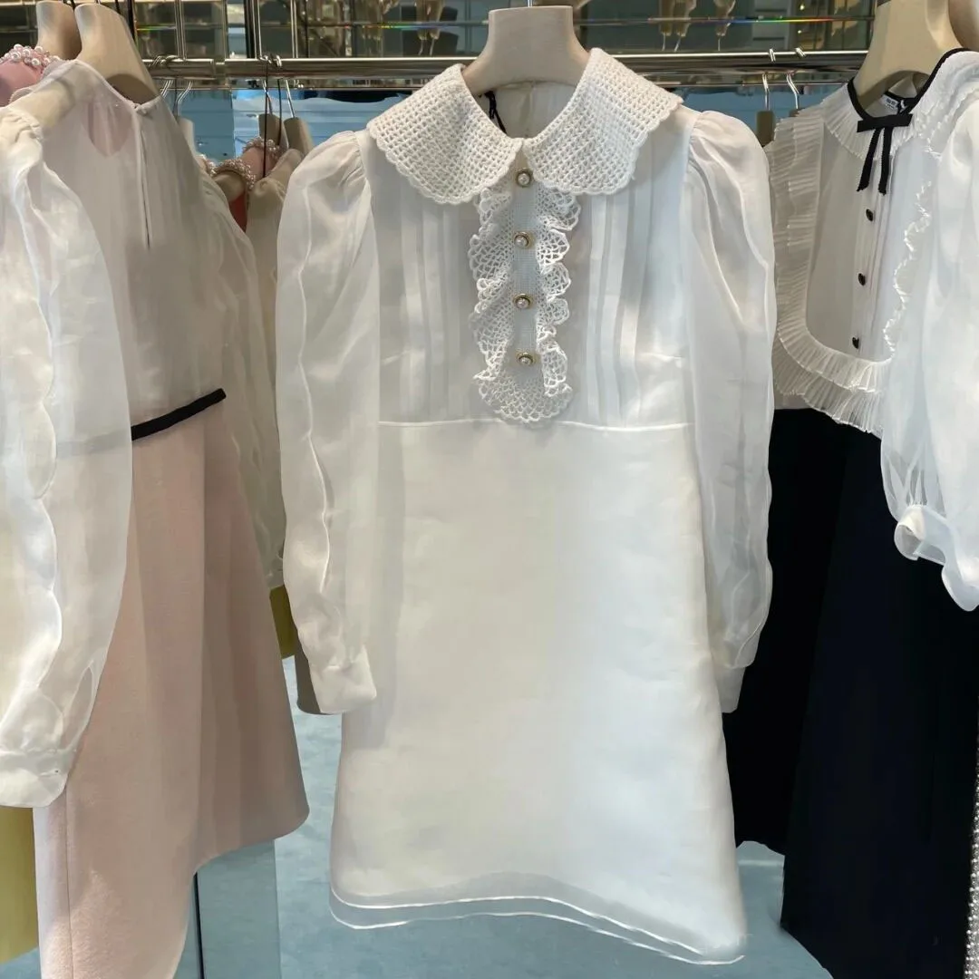 

Женское элегантное офисное платье, корейское модное платье мини с оборками и длинным рукавом, белые платья из органзы, осень 2021