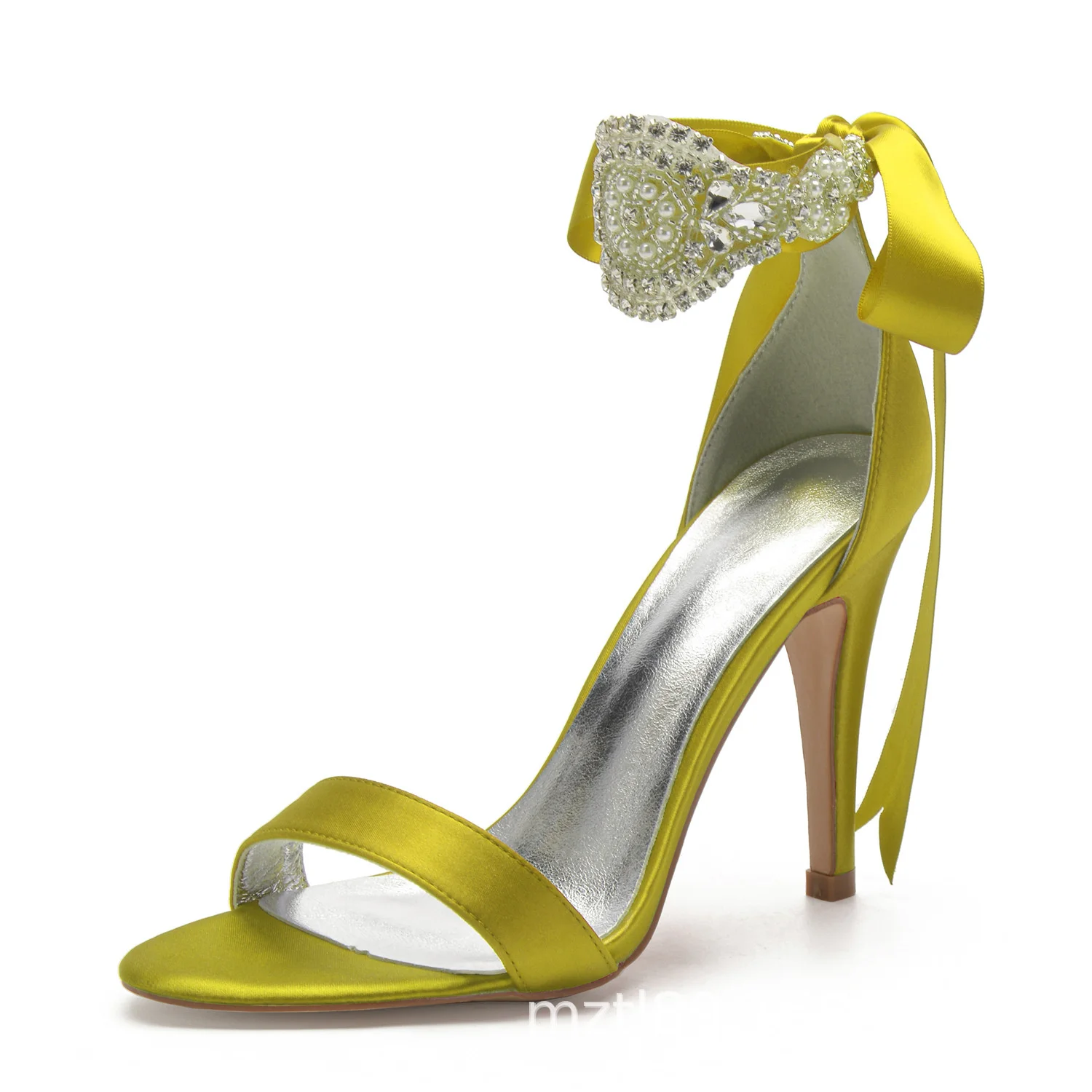 

2021 fashion small heel large size diamond ribbon button high heels Satin Blue sandals