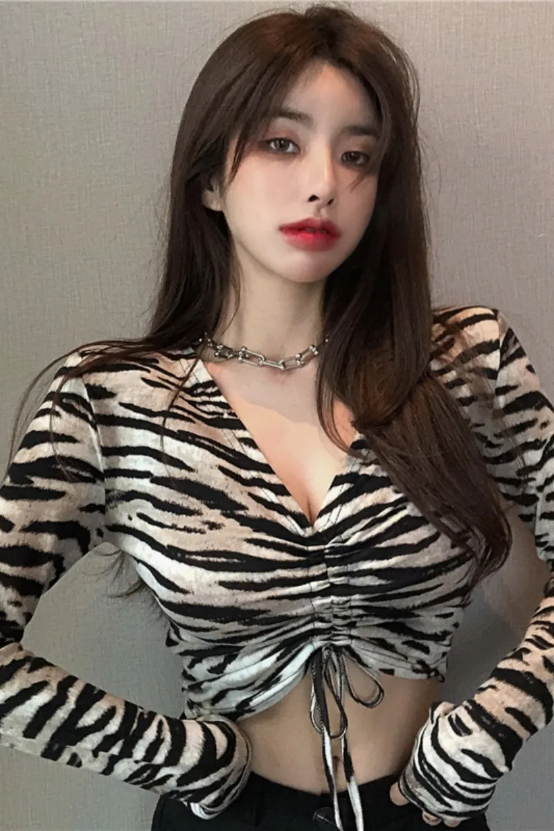 

Girl Fried Street Wear Bottoming Shirt Slimming Inspirational Sexy Close-Fitting Top Design Sense Disco Zebra Pattern Women's