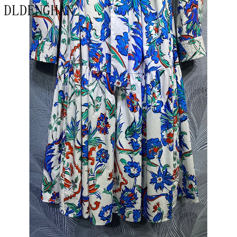 

DLDENGHAN Fashion Flower Print Summer Cotton Dress Women's Lace Up Long Sleeve O-Neck Loose Vacation Dresses Designer New